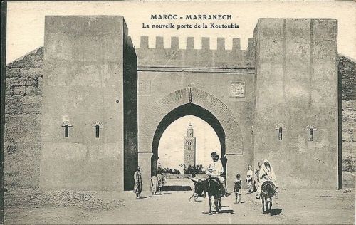 The gates of Marrakesh, Morocco, in a postcard from 1919. Marrakesh was founded almost 1,000 years a