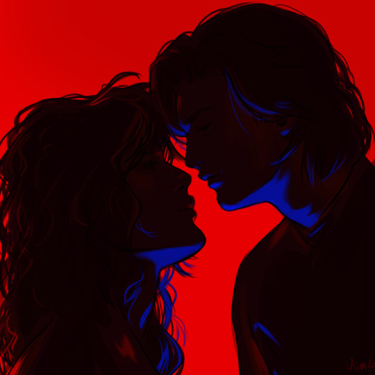 Fanart depicting Steve and Eddie from the Netflix show Stranger Things, silhouetted in profile about to kiss. 