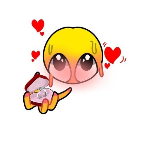 A little yellow emoji man looking up, blushing shyly at the viewer with little hearts surrounding him. He is holding out a ring box.