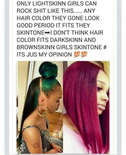 blackporndaily:  eyeamindiibleu:  simplyyfuckingblazinn:  badgyal-k:  weareurbanculture:  Who Doesn’t Look Good With Colored Hair?????? Here We Go Again Putting Down The Dark Skinned Girl. We Gotta Do Better.  Im done uplifting men who hate us.  A black