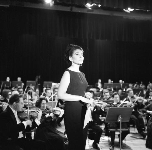 Maria Callas with the orchestra of ORTF, Maison de la Radio, Paris, 1965. Photo by Georges Chevrier