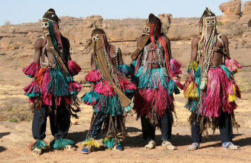 Dogon men in their ceremonial attire; Mali, West Africa