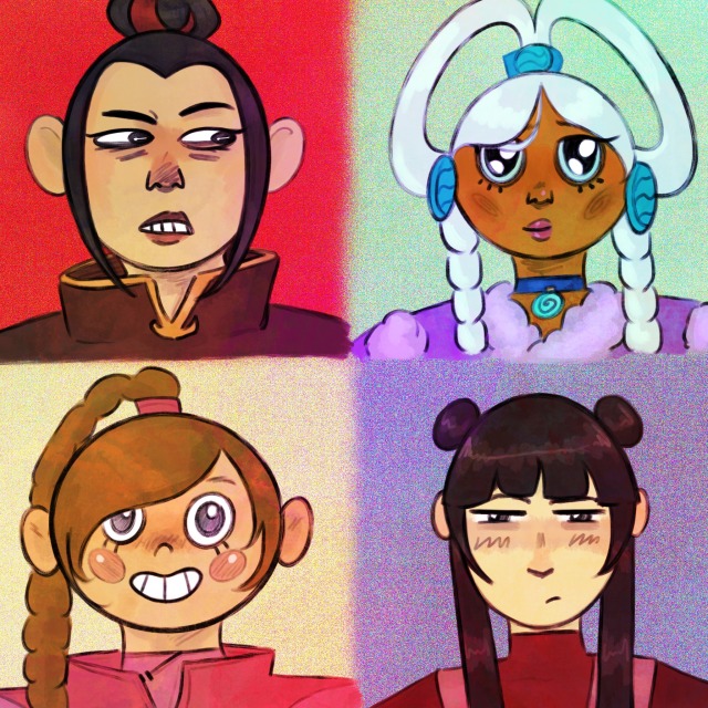 four digital drawings in a cartoonish style in a symmetrical square grid of, from left to right top to bottom, azula frowning warily against a red background, yue looking wistful against a pale green background, ty lee grinning against a pale yellow background, and mai frowning in irritation against a light purple background. 