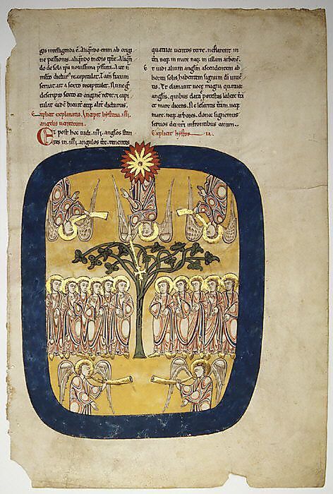 Leaf from a Beatus Manuscript: Angels Restrain the Four Winds; the Angel Ascends from the Rising Sun