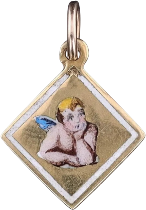 VINTAGE ENAMEL CHERUB CHARM 18K GOLD