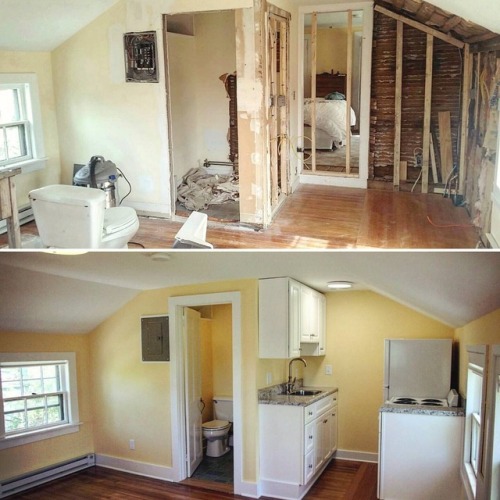 “We finished the apartment/studio suite! Here is a before and after of what used to be a maste