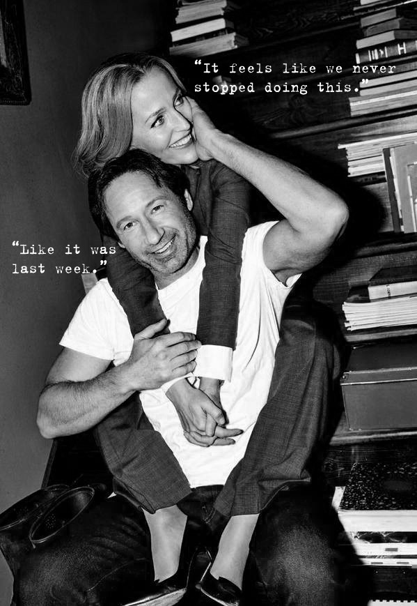 Gillian Anderson and David Duchovny on playing Mulder and Scully after so many years. Entertainment Weekly, June 16, 2015.