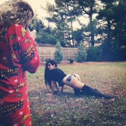 jisobeldelisle:  racheldashae:  Forgot to post this awesome #bts shot with the amazing @jisobeldelisle ! Also #booty . #behindthescenes #photoshoot #models  my onesie brings all the girls to the yard  And I`m like; Mine`s better than yours Damn right.