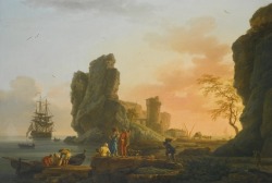 classic-art: A Mediterranean Coastal Scene at Sunset Claude-Joseph Vernet, 1765 