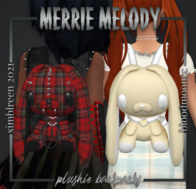 Merrie Melody Backpack | SIMBLREEN 2021Halloween treat 2/4!Gloomy Rabbit/stuffed animal backpacks named after a death metal song named after a different cartoonTeen to elderDue to the large texture, I had to sacrifice the hats category again41 swatches (same number of swatches as the first gift, complete coincidence)2 versionsV1: shown left with spikes and chains V2: shown right with choker only2 sizes; small and largeV1 large requires V1 small to work V2 large requires V2 small to work You can download V1, V2, or bothFeminineCustom thumbnailDisabled for randomDOWNLOAD (dropbox)Check out the other treats:Treat 1Treat 3Treat 4The reference product from etsy actually became unavailable while I was working on this but I saved the photo: #s4cc#ts4cc#sims4cc #sims 4 cc #ts4mm#s4mm #ts4 mm cc  #s4 mm cc  #sims 4 maxis match #simblreen#simblreen 2021#ts4 simblreen#ts4 halloween#ts4 accessory#ts4 accessories #sims 4 accessory  #sims 4 accessories  #sims 4 bag  #ts4 female cc #ts4 punk #sims 4 maxis mix  #sims 4 custom content