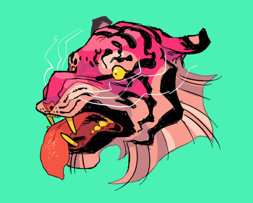 notmusa:tiger tiger[ID: two bold, detailed digital illustrations of angular tiger heads, their yello