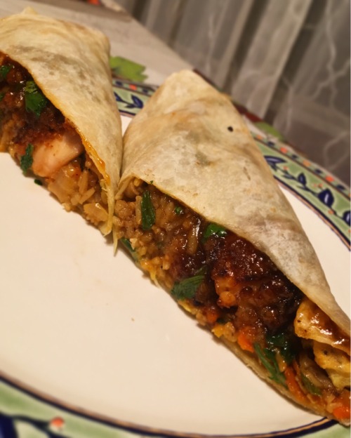 Orange chicken burrito: orange chicken, bacon fried lemon-infused rice, srirracha, cilantro [1080x10