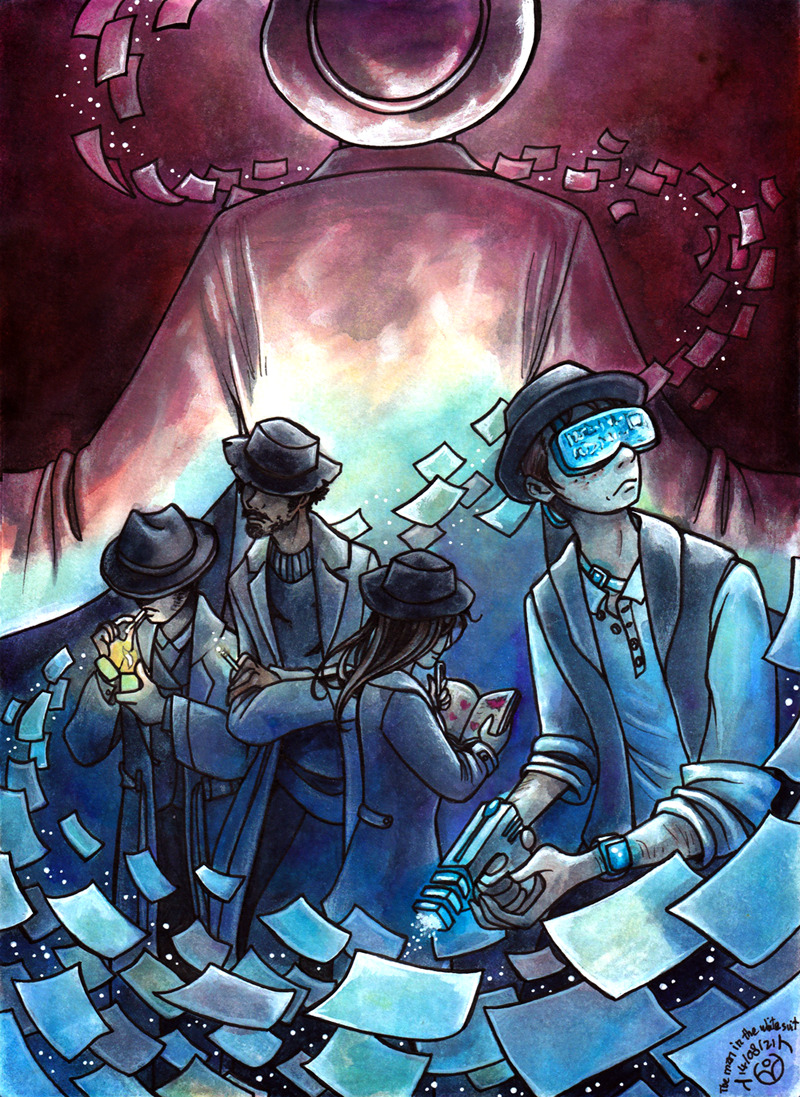 [Image: SCP fanart in red and blue watercolor tones. The four Nobodies from the canon “The Man in the White Suit”, all 