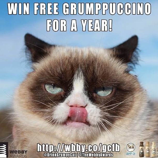 Need coffee to jump start your day? ENTER to WIN a year or FREE #Grumppuccino from @DrinkGrumpyCat and @TheWebbyAwards...