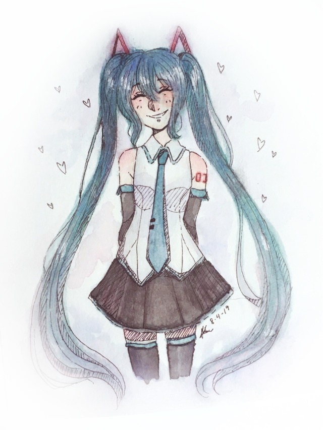 a watercolor painting of hatsune miku smiling from the knees up