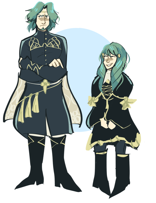 Digital Art. On the left is Seteth from Fire Emblem: Three Houses, crossing his arms and scowling. On the right is Flayn, smiling and holding her hands in front of her. The color palette is desaturated navy, teal, and gold.