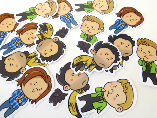 These adorable Sam, Dean &amp; Castiel die-cut stickers will protect all of your belongings from