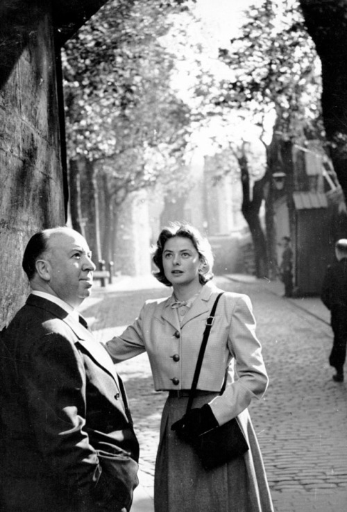 wehadfacesthen: Alfred Hitchcock and Ingrid Bergman outside Elstree Studios in Borehamwood, UK, 1944