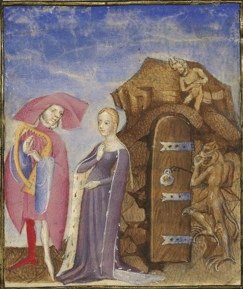 innercurtain:
“  ‘Orpheus brings Eurydice back from hell.’ Christine de Pizan. L’Epistre Othea la deesse, que elle envoya à Hector de Troye, quant il estoit en l’aage de quinze ans. Paris, c.1406.
”