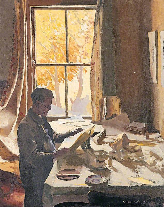 huariqueje:  Interior with a Man at Brekfast Tabke   -   Simon Coleman Irish, 1916-1995