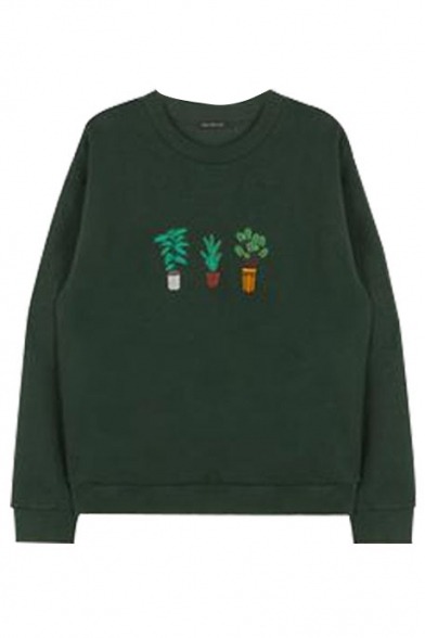 b0hemian-vibes:Plant Embroidery Pullover Sweatshirt