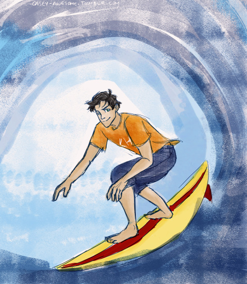 casey-awesome:casey-awesome:Surf’s Up! If Percy’s the son of a sea god, then of course he can surf! 