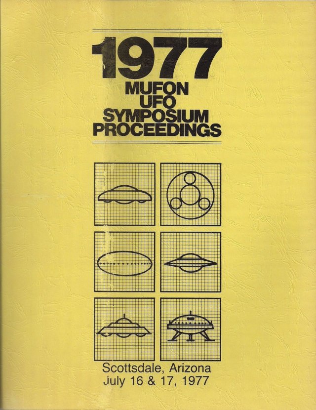Title: 1977 Mufon UFO Symposium Proceedings. The cover is yellow, with six illustrations of different types of UFOs on top of graphs.