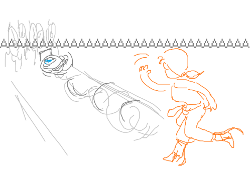 an ms paint doodle of chell bowling Wheatley from portal down an alley towards a bunch of closed turrets. Wheatley is screaming.
