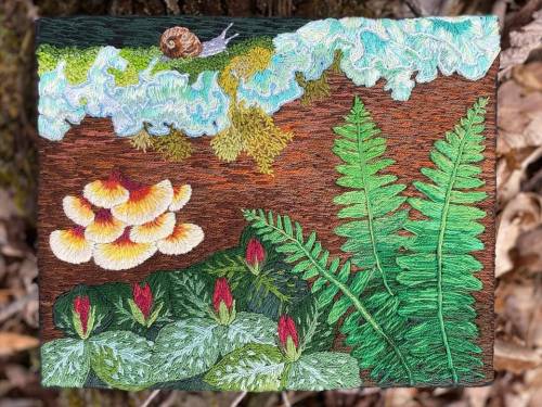 Springtime Forest Floor - hand embroidery in pearl cotton, stretched over canvas by  M-Rage