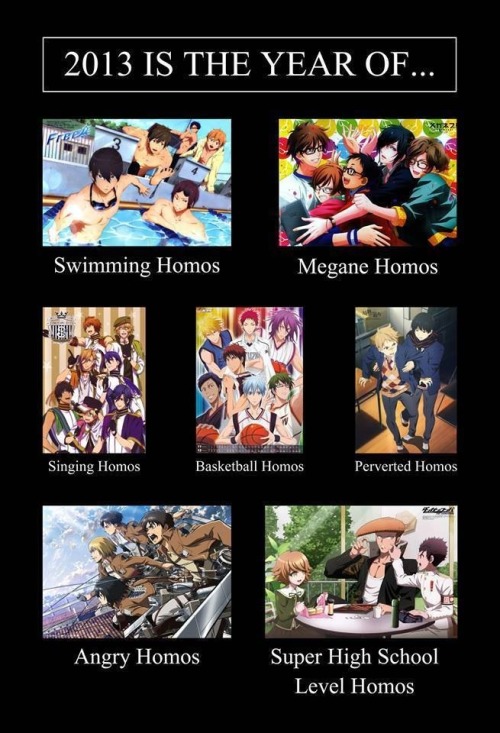 bakrua:  zakkutski:  *HOMOS*  more like 2013 was the year of fucking amazing anime which a lot of work was put into and then when they were discovered by tumblr they were just stripped down into long months of fetishizing gays and all the effort into