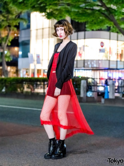 tokyo-fashion:  20-year-old Tomato on the street in Harajuku wearing a sheer red dress under an H&amp;M jacket, Zara heeled boots, and a Salvatore Ferragamo bag. Full Look