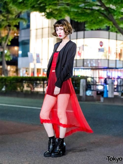 tokyo-fashion:  20-year-old Tomato on the street in Harajuku wearing a sheer red dress under an H&M jacket, Zara heeled boots, and a Salvatore Ferragamo bag. Full Look