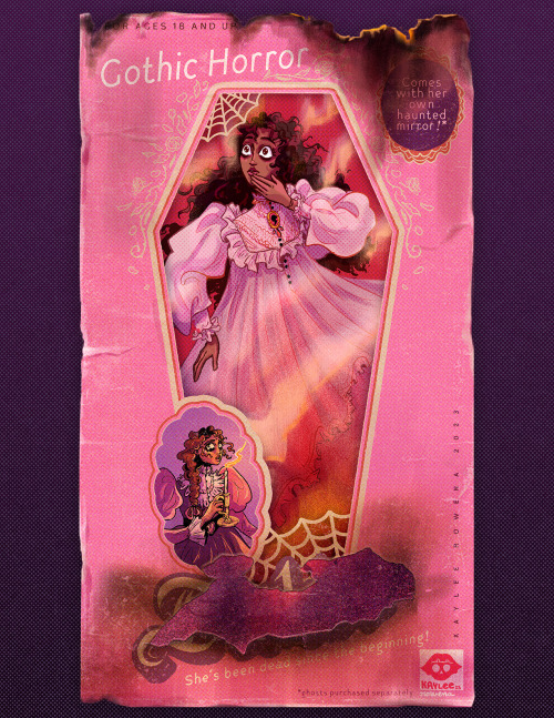 an illustration of a doll in a box. the doll has medium-brown skin and dark wavy hair, and is wearing a victorian-style long nightgown. one of her hands is held to her mouth, and her wide eyes look shocked. the frame she's in is shaped like a coffin, and an inset illustration shows her in a different dress, holding an old-fashioned candle. text reads "gothic horror barbie" with the 'barbie' area of the box burnt away to obscure the word, "she's been dead since the beginning!", "comes with her own haunted mirror!*" and "*ghosts purchased separately". the box is worn and tattered, and the top of it appears burnt.