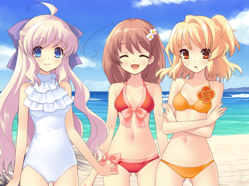 Three of the five best girls together in lovely swimsuits.I’m playing this game at like the slowest 
