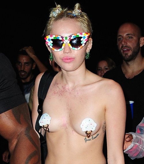 celebritynippleslips: Miley Cyrus topless, wearing pasties at Alexander Wang party for New York Fash