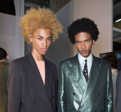 manetsmodels:    Michael Lockley &amp; Brandon Bailey Backstage at Paul Smith SS 16 -   Dos Cabezas by   Jean-Michel Basquiat (1982) 