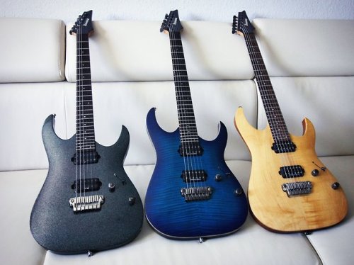 The #ibanez Prestige RGA collection. Took 7 years to finalize the trio. Got a sparkly one last.&lsqu