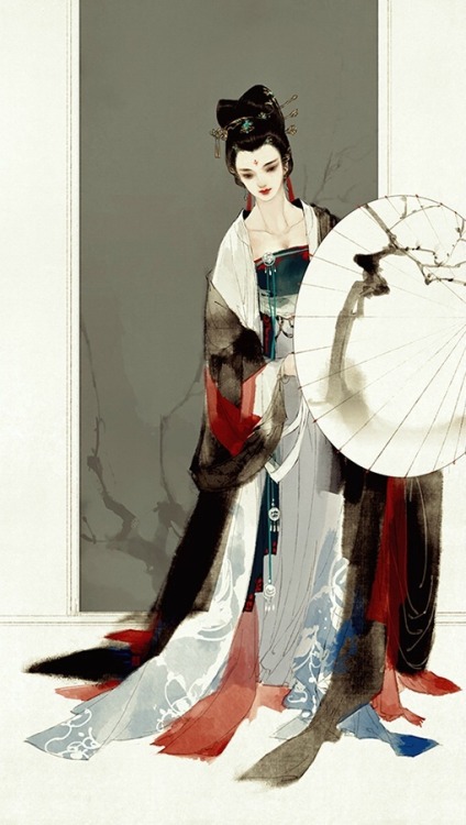 Beauty in Hanfu by Chinese artist 伊吹鸡腿子. See more of her work here.