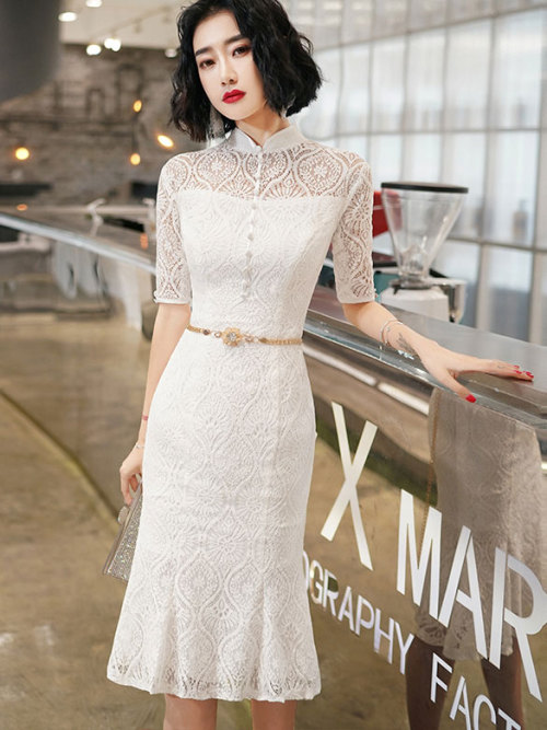 White Lace Illusion Modern Cheongsam / Qipao Party Dress