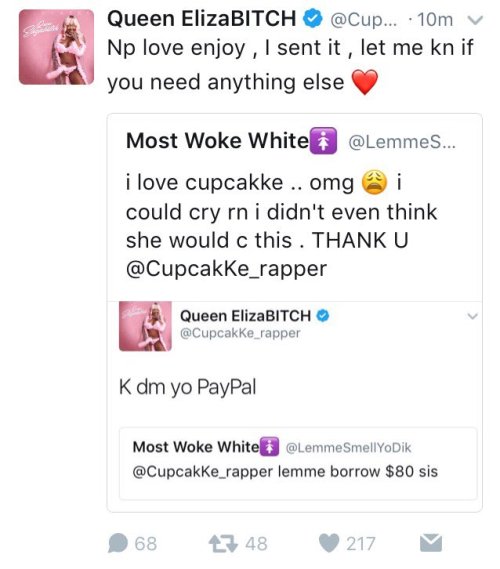 hustleinatrap:    A fan randomly asked Cupcakke for ๠ on Twitter and she did. She’s truly a kind, generous soul.   #BlackPride 