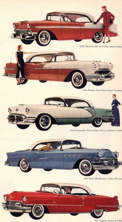 imperialgoogie:  jimmyjazzbass:  theniftyfifties:  General Motors 1956 models.  When America made great cars. Also when gasoline costs were considerably lower than today…  Gad, 1956 was a great year. 