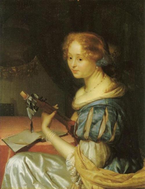 Young woman playing a cittern (1685-1690). Godfried Schalcken (Dutch, 1643-1706). Panel. Museum Bred