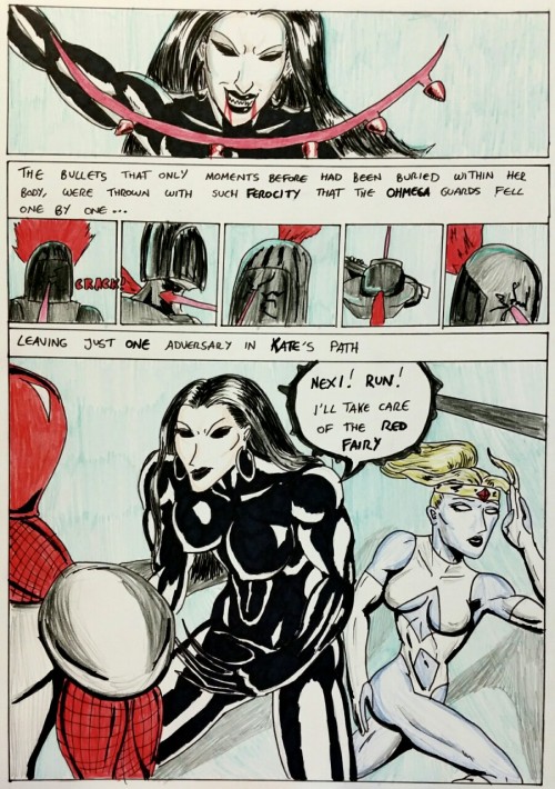 Kate Five vs Symbiote comic Page 118  Back to more Kate action! Chapter 6 is well under way. After been filled with hot lead by the Ohmega guards, Kate takes them down with the aforementioned lead. That takes her Ohmega body count up to 7!  This big red