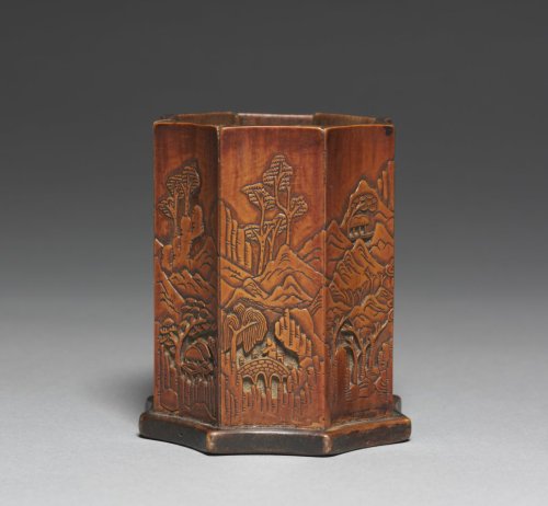 cma-korean-art: Brush Holder with Bamboo and Landscape Design, 1800s, Cleveland Museum of Art: Korea