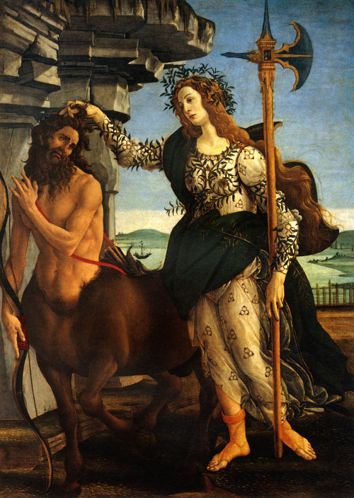 fuckyeahrenaissanceart:     Pallas and the Centaur    Sandro Botticelli     c. 1482  Tempera  on wood  207 x 148 cm    Galleria degli Uffizi , Florence, Tuscany, Italy     In this painting we can see another side of Renaissance Art; namely that of