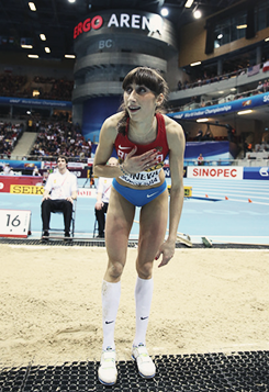 Ekaterina Koneva after her last jump during the triple jump final at the World Indoor Championships 