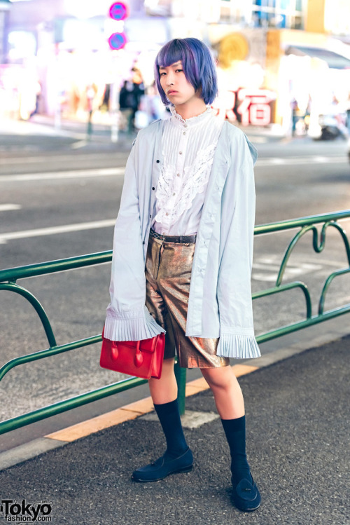20-year-old Satoshi on the street in Harajuku. He&rsquo;s wearing a ruffle shirt jacket from Chin Me