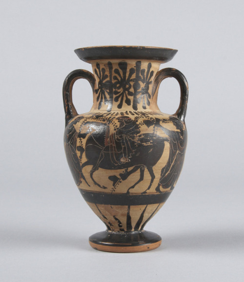 fishstickmonkey: Black-figure/White-ground neck-amphora: Silenus/WarriorsGreek, Attic, ca. 500&ndash