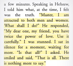 cubvet:  burgusmaximus:  kaylapocalypse: koshercosplay:  almostanastronaut: Steven Greenberg, “Wrestling with God and Men” - Author’s conversation with Rabbi Eliashiv in Jerusalem  “Twice the power of love” is my new favorite description of