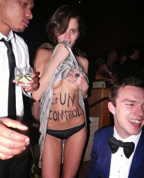 opixm:  waroul:  Abbey Lee Kershaw with Nicholas Hoult at the Met Gala 2013  i-D magazine: What reactions did you get to your Met Gala ‘Gun Control’ statement? Abbey: A vast mix. My favourite was “she’s a stupid slut who was just looking for